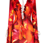 Vibrant red and orange floral print mini dress with ruffled neckline and tie details — Rat & Boa | Endless UAE