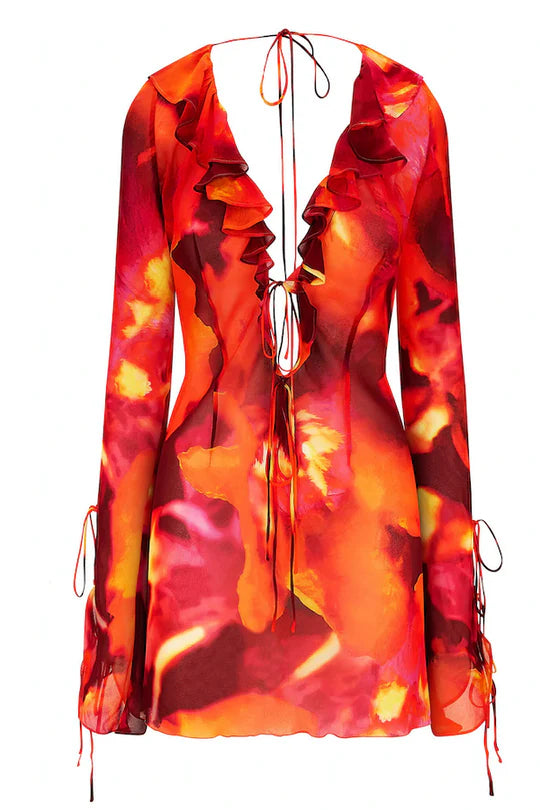 Vibrant red and orange floral print mini dress with ruffled neckline and tie details — Rat & Boa | Endless UAE