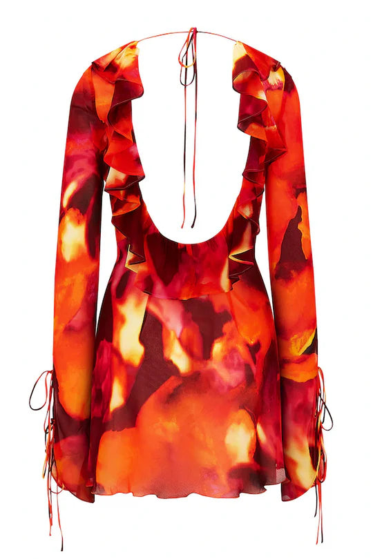 Vibrant flame-print mini dress with ruffle neckline, long sleeves, and tie details in red, orange, and yellow tones — Rat & Boa | Endless UAE