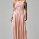 Elegant blush pink one-shoulder bridesmaid dress with pleated bodice and flowing chiffon skirt — You&I Bridal | Endless UAE