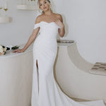 Aspen white off-shoulder wedding dress with train and side slit — You&I | Endless UAE