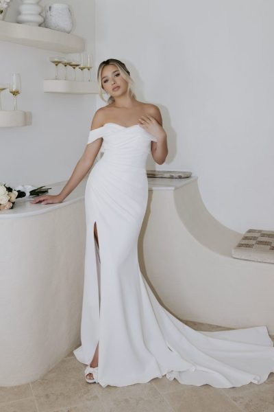 Aspen white off-shoulder wedding dress with train and side slit — You&I | Endless UAE