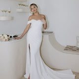Aspen white off-shoulder wedding dress with train and side slit — You&I | Endless UAE