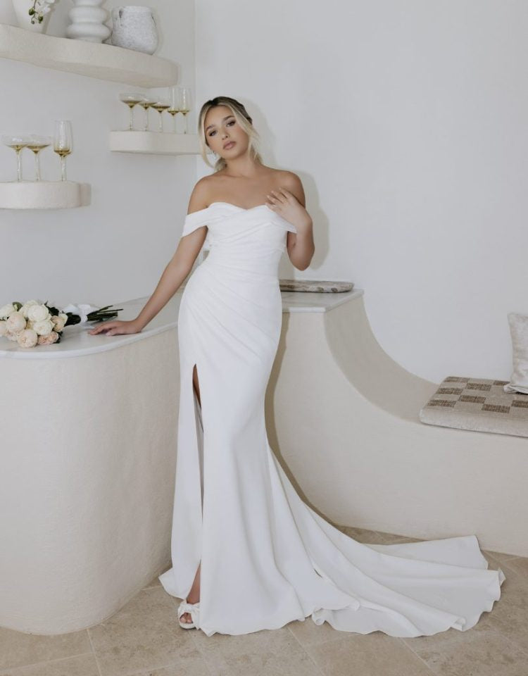 Aspen white off-shoulder wedding dress with train and side slit — You&I | Endless UAE