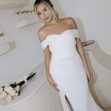 Aspen white off-shoulder wedding dress with train and side slit — You&I | Endless UAE