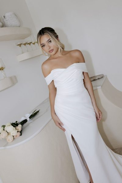Aspen white off-shoulder wedding dress with train and side slit — You&I | Endless UAE