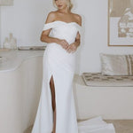 Aspen white off-shoulder wedding dress with train and side slit — You&I | Endless UAE