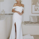 Aspen white off-shoulder wedding dress with train and side slit — You&I | Endless UAE