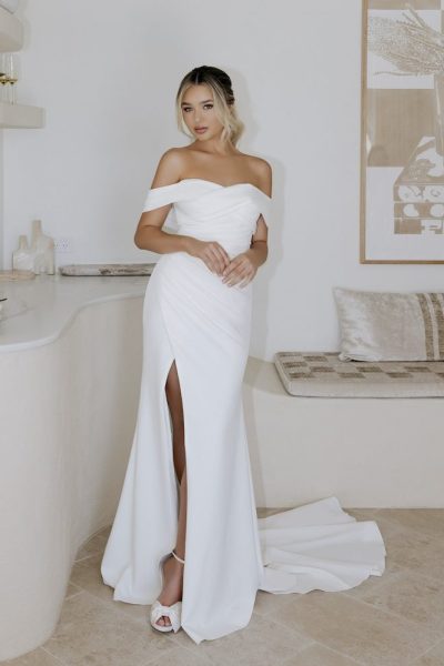 Aspen white off-shoulder wedding dress with train and side slit — You&I | Endless UAE
