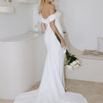 Aspen white off-shoulder wedding dress with train and side slit — You&I | Endless UAE