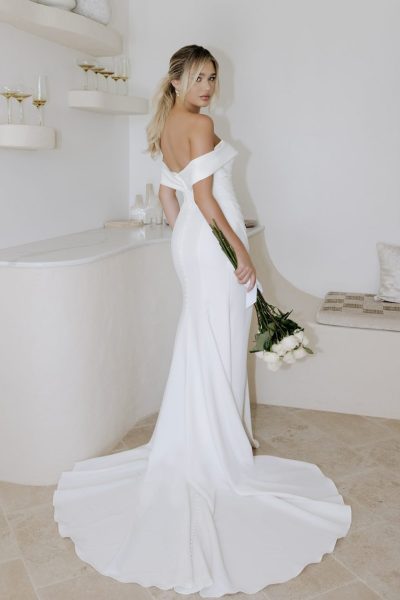Aspen white off-shoulder wedding dress with train and side slit — You&I | Endless UAE