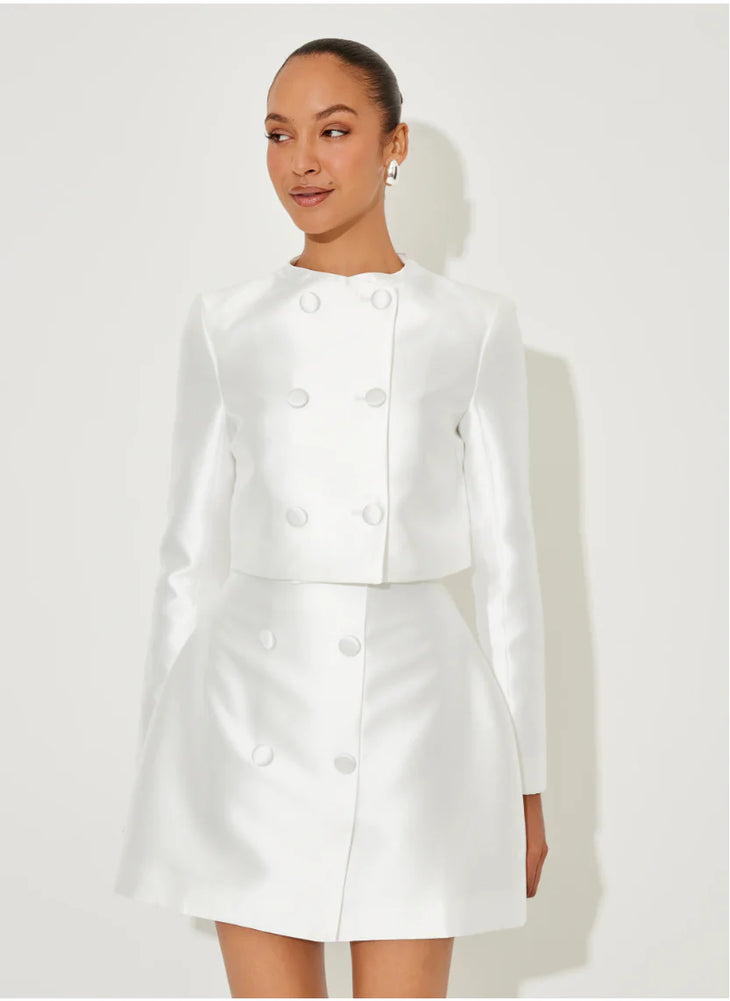 White satin double-breasted jacket and skirt set with long sleeves and button details — Odd Muse | Endless UAE