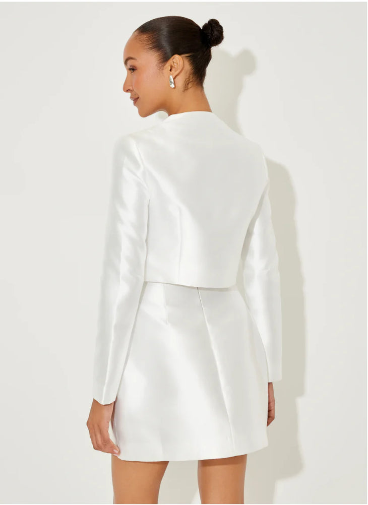 White satin two-piece set with long sleeve crop top and mini skirt, back view — Odd Muse | Endless UAE