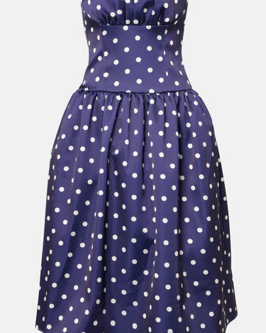 Navy polka-dot strapless cocktail dress with full skirt — Self-Portrait | Endless UAE