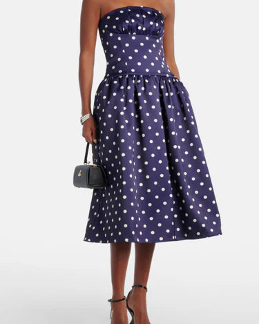 Navy polka-dot strapless cocktail dress with full skirt — Self-Portrait | Endless UAE