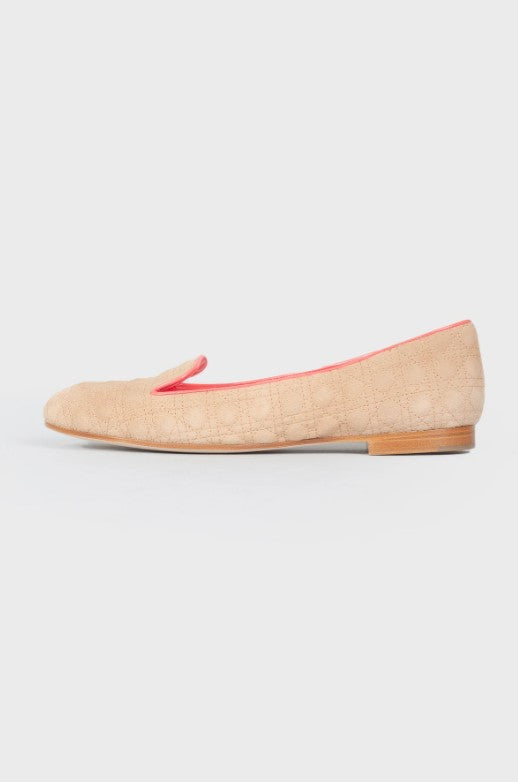Beige quilted suede ballet flats with coral pink trim and low heel — Christian Dior | Endless UAE