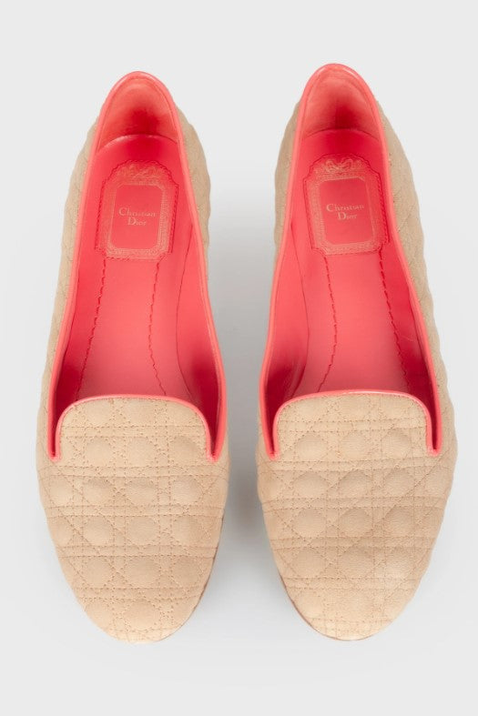Beige quilted suede ballet flats with coral pink interior lining viewed from above — Christian Dior | Endless UAE