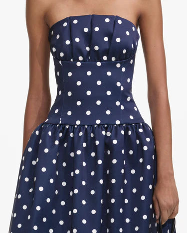Navy polka-dot strapless cocktail dress with full skirt — Self-Portrait | Endless UAE
