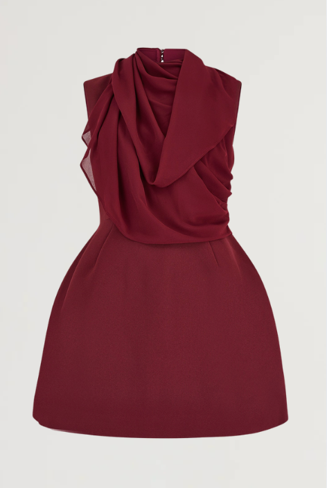 Burgundy gathered mini dress with draped cowl neckline and sleeveless design — Odd Muse | Endless UAE