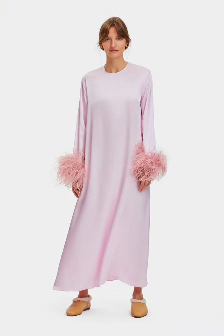 Pink Suzi Maxi Dress with feather cuffs and long sleeves — Sleeper | Endless UAE