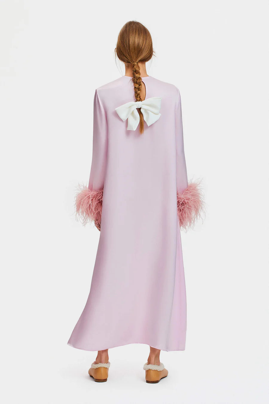 Pink Suzi Maxi Dress with feather cuffs and long sleeves — Sleeper | Endless UAE
