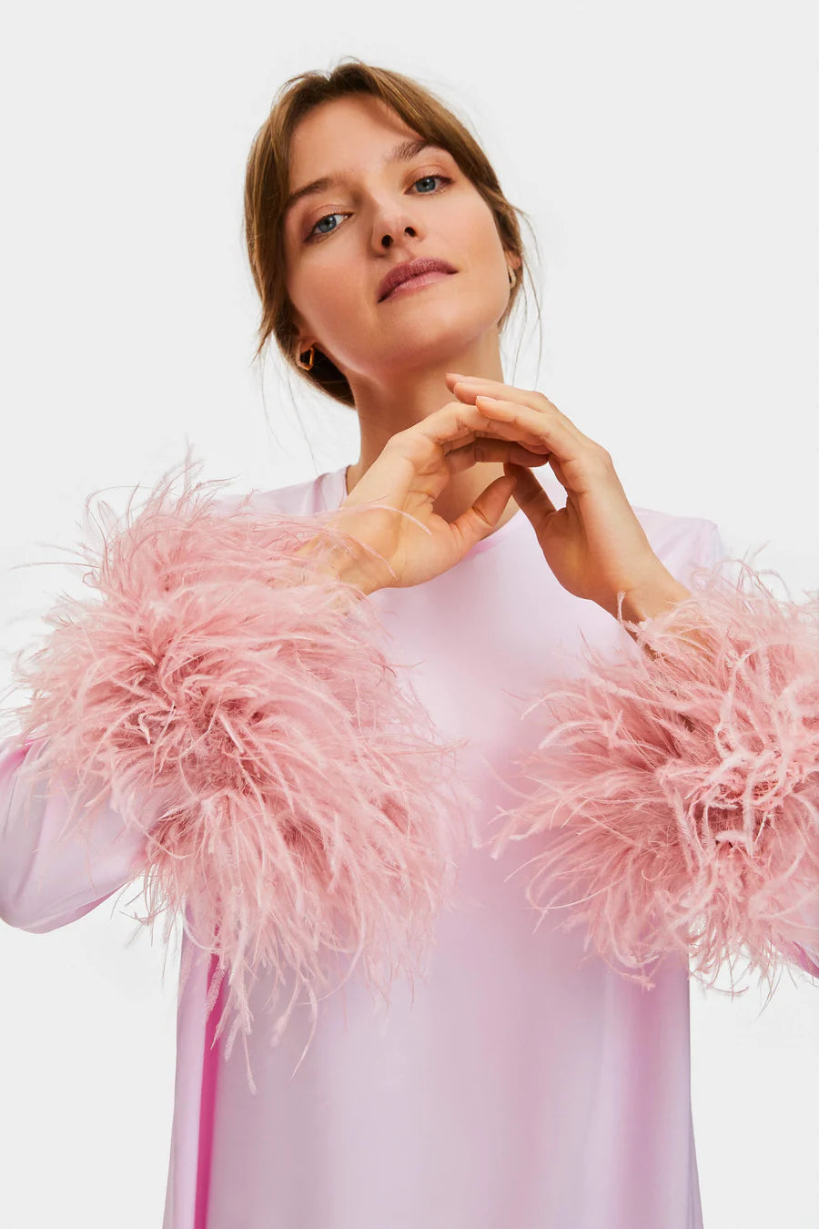 Pink Suzi Maxi Dress with feather cuffs and long sleeves — Sleeper | Endless UAE