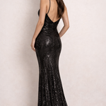 Black sequin gown with plunging back, thin straps, ruched bodice and floor-length mermaid silhouette — Forever New | Endless UAE