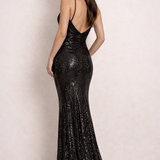 Black sequin gown with plunging back, thin straps, ruched bodice and floor-length mermaid silhouette — Forever New | Endless UAE