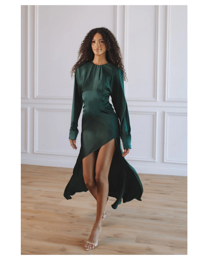 Kartia Long Sleeve Maxi Dress in forest green with asymmetrical hemline — Chic Le Frique | Endless UAE