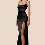 Black satin gown with high slit, thin straps, and ruched waist detailing — Nookie | Endless UAE