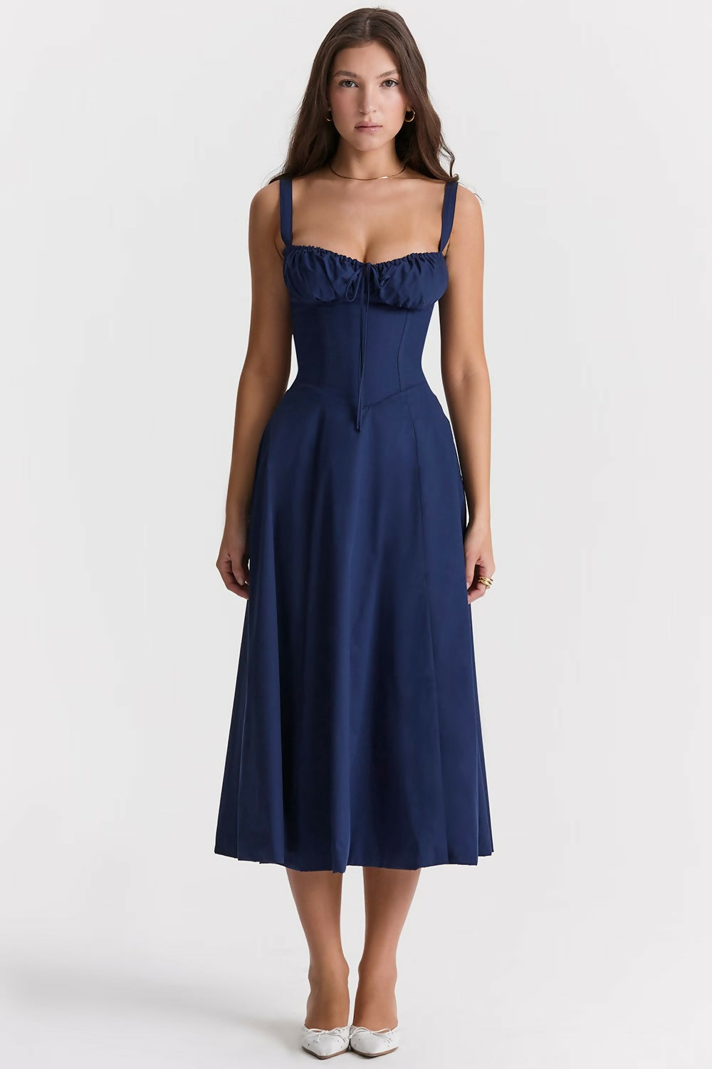 Woman wearing navy blue Carmen French Bustier Sundress with sweetheart neckline — Endless | Endless UAE
