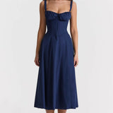 Woman wearing navy blue Carmen French Bustier Sundress with sweetheart neckline — Endless | Endless UAE