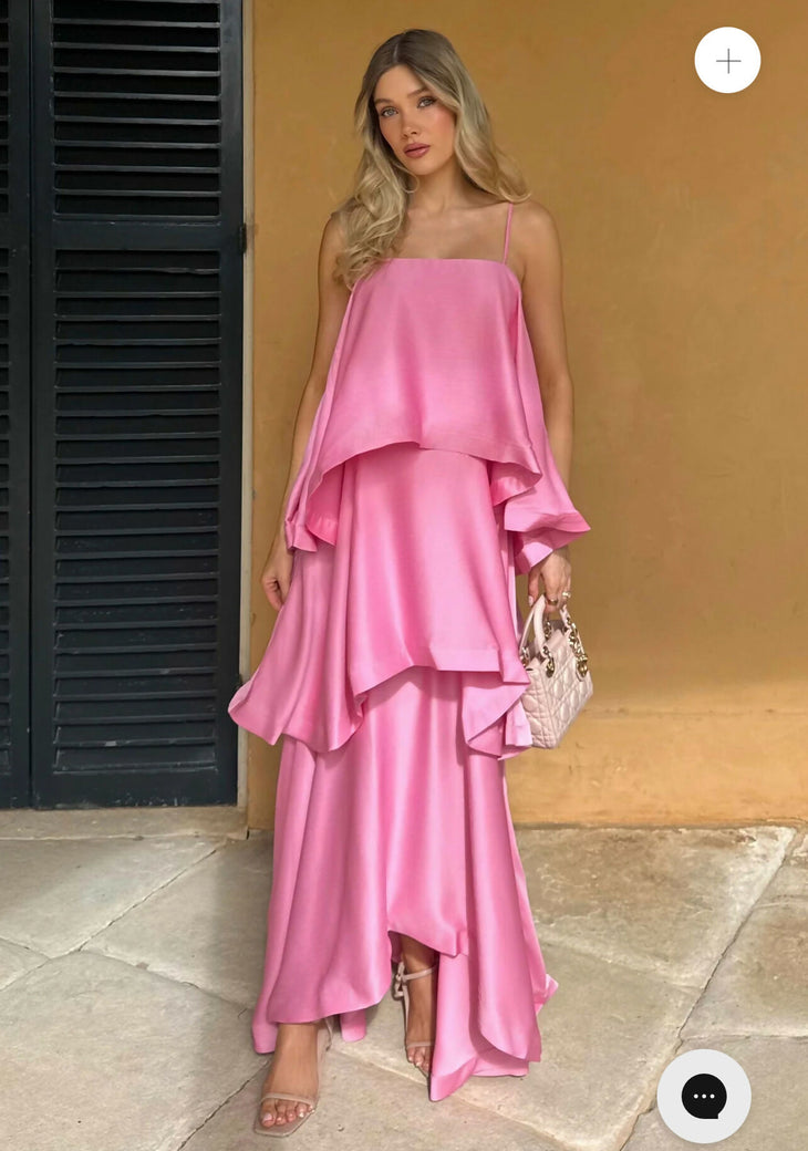 Pink tiered ruffle camisole gown with high-low hem — Endless | Endless UAE