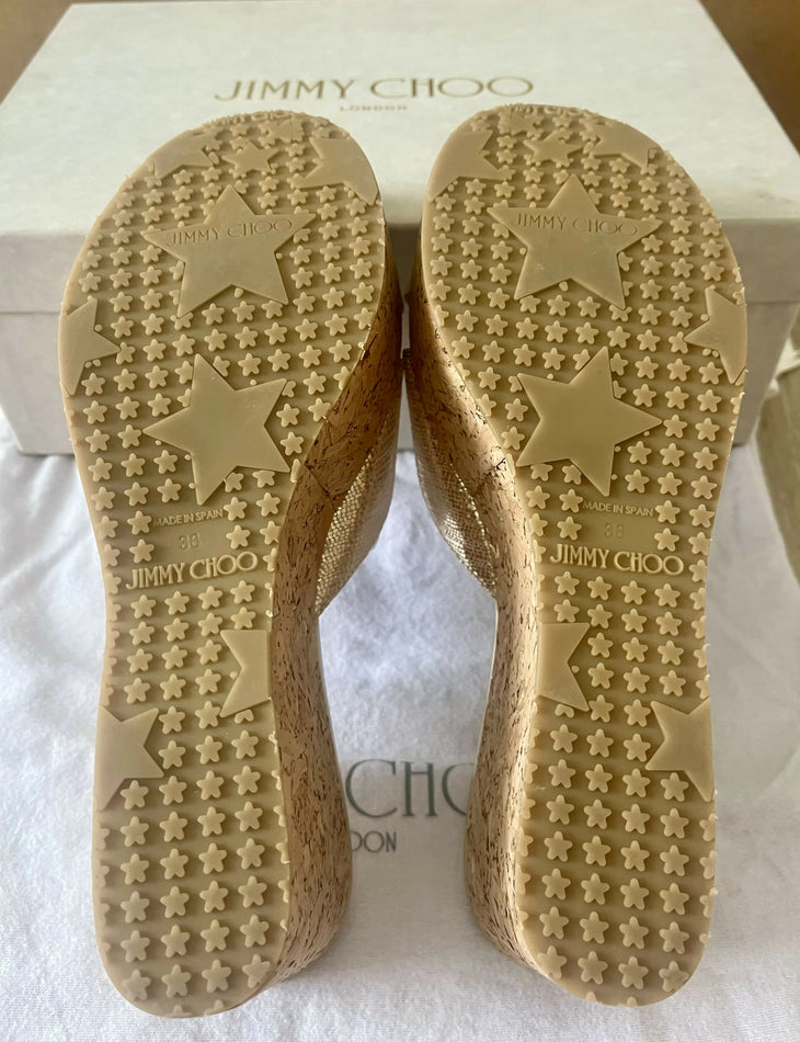 Gold textured leather platform slide sandal with cork wedge heel — Jimmy Choo | Endless UAE