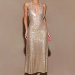 Champagne sequin halter midi dress with plunging neckline — Endless | Endless UAE