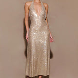 Champagne sequin halter midi dress with plunging neckline — Endless | Endless UAE