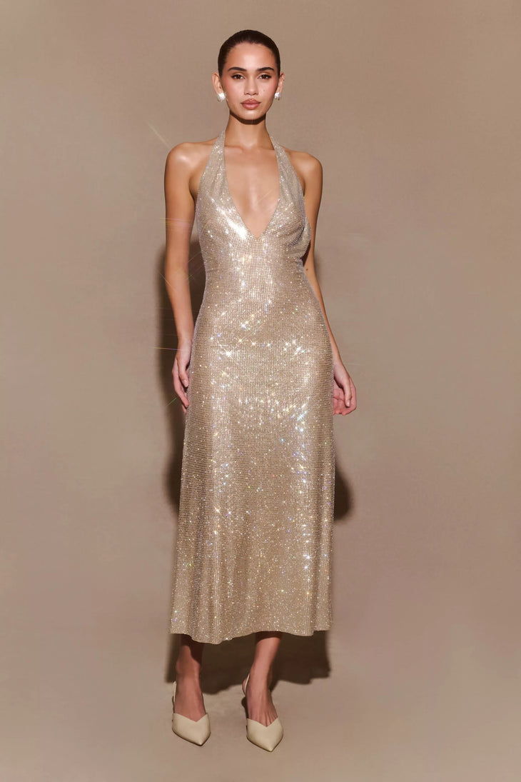 Champagne sequin halter midi dress with plunging neckline — Endless | Endless UAE