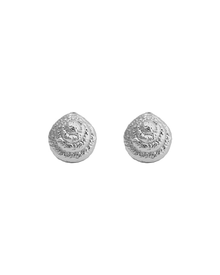 Silver spiral seashell stud earrings with textured metallic finish — Monday Swimwear | Endless UAE