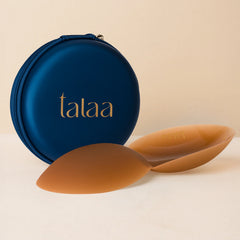 Talaa silicone nipple covers in tan with navy blue carrying case on beige background — Talaa | Endless UAE