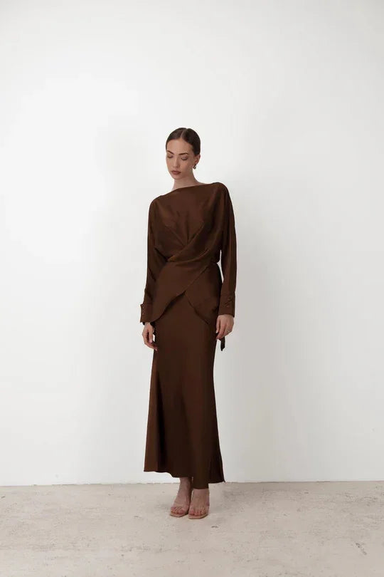 Elegant brown satin co-ord set with draped wrap top and flowing maxi skirt — Nora The Label | Endless UAE
