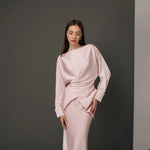 Elegant pale pink satin co-ord set with draped long sleeve top and fitted maxi skirt — Nora The Label | Endless UAE