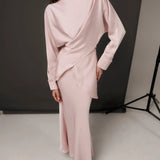 Elegant pale pink satin co-ord set with draped blouse and flowing wide-leg pants — Nora The Label | Endless UAE