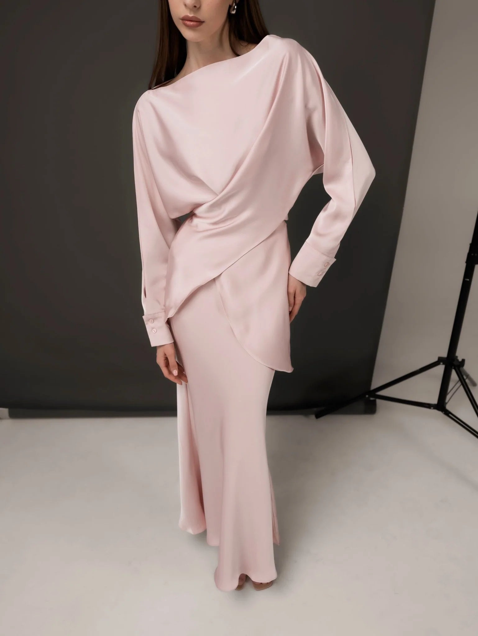 Elegant pale pink satin co-ord set with draped blouse and flowing wide-leg pants — Nora The Label | Endless UAE