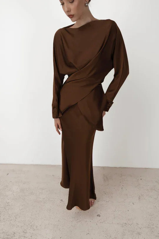 Elegant brown draped co-ord set with asymmetric wrap detail and long sleeves on model — Nora The Label | Endless UAE