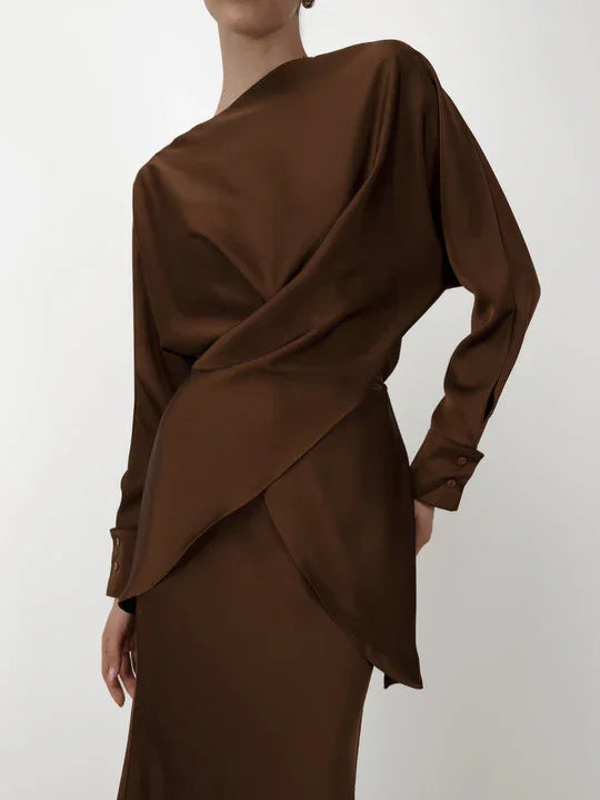 Woman wearing brown draped asymmetric top with matching skirt from the Tessa Co-ord Set — Nora The Label | Endless UAE