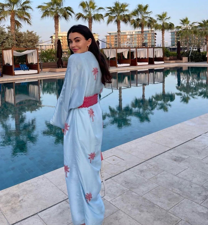 Blue floral abaya with red embroidery and belt — Sanah Yasin | Endless UAE