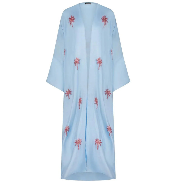 Blue floral abaya with red embroidery and belt — Sanah Yasin | Endless UAE