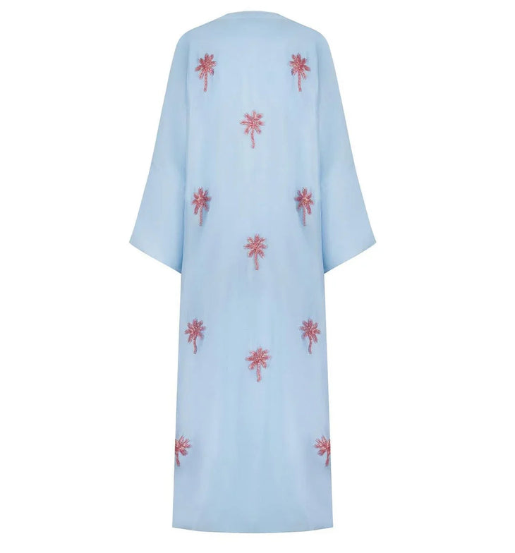 Blue floral abaya with red embroidery and belt — Sanah Yasin | Endless UAE