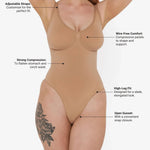 Beige thong bodysuit with adjustable straps and compression panels — Underhance | Endless UAE