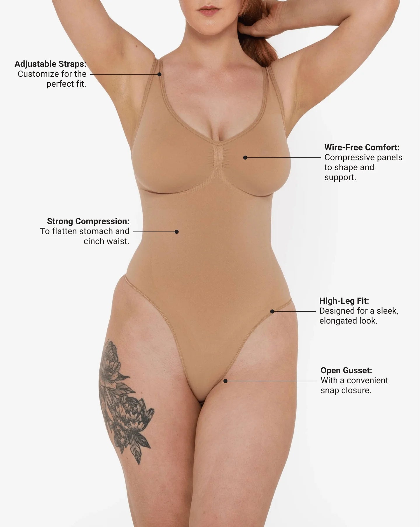 Beige thong bodysuit with adjustable straps and compression panels — Underhance | Endless UAE